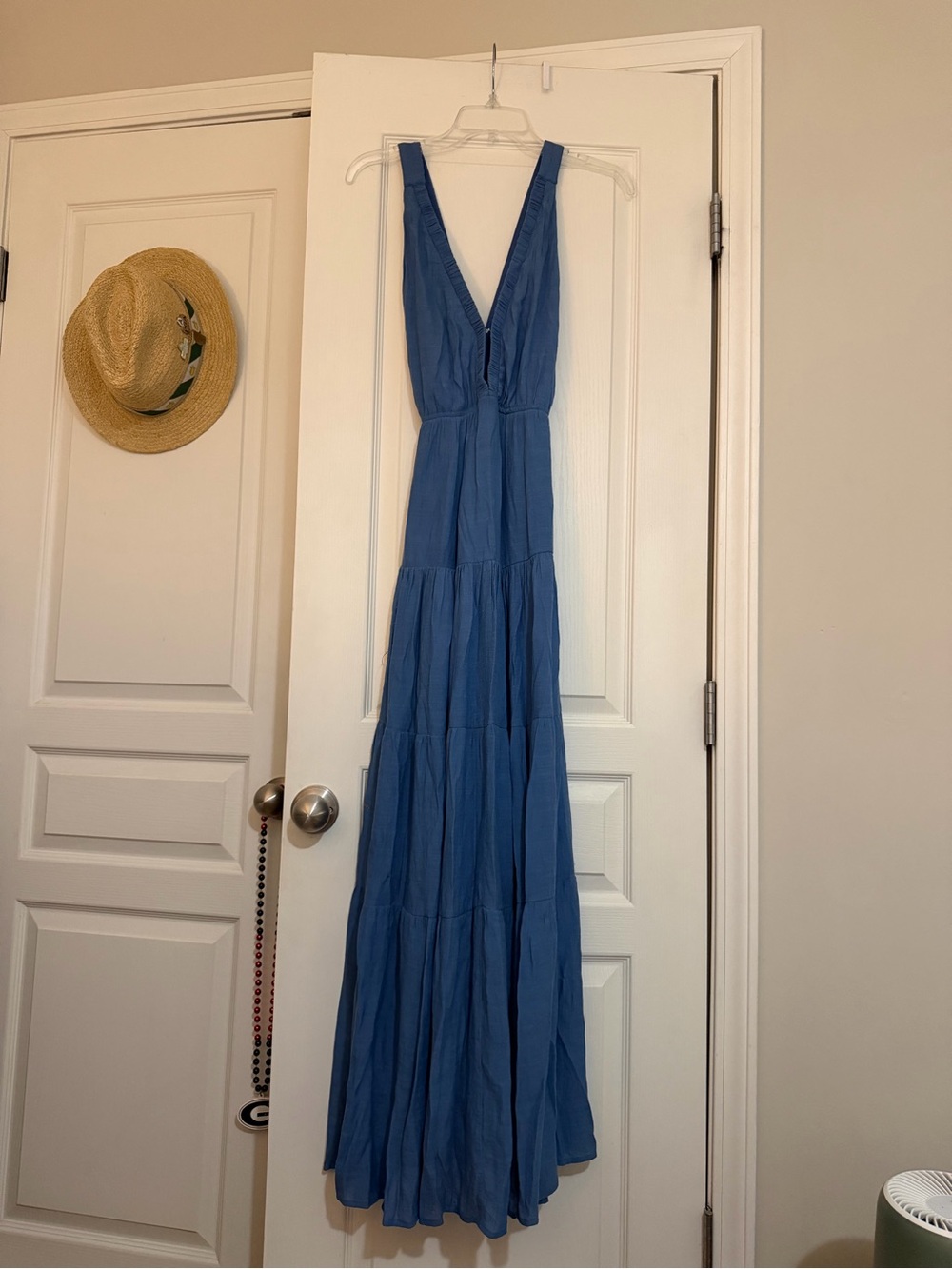 Wishlist Apparel blue tiered V neck maxi dress, size S